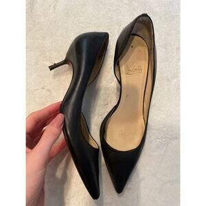 CHRISTIAN LOUBOUTIN Iriza Leather D'Orsay Pumps 38 Pointed Toe Kitten Heel Black